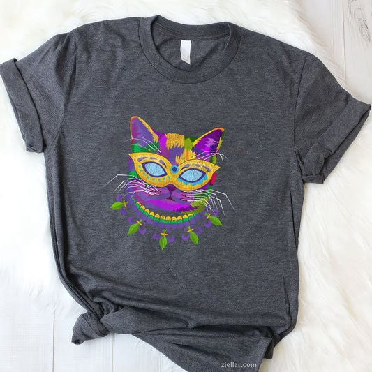 Cat in Mardi Gras Costume Tee and T-Shirt, Funny Feline Carnival T-Shirt Gift for Adults