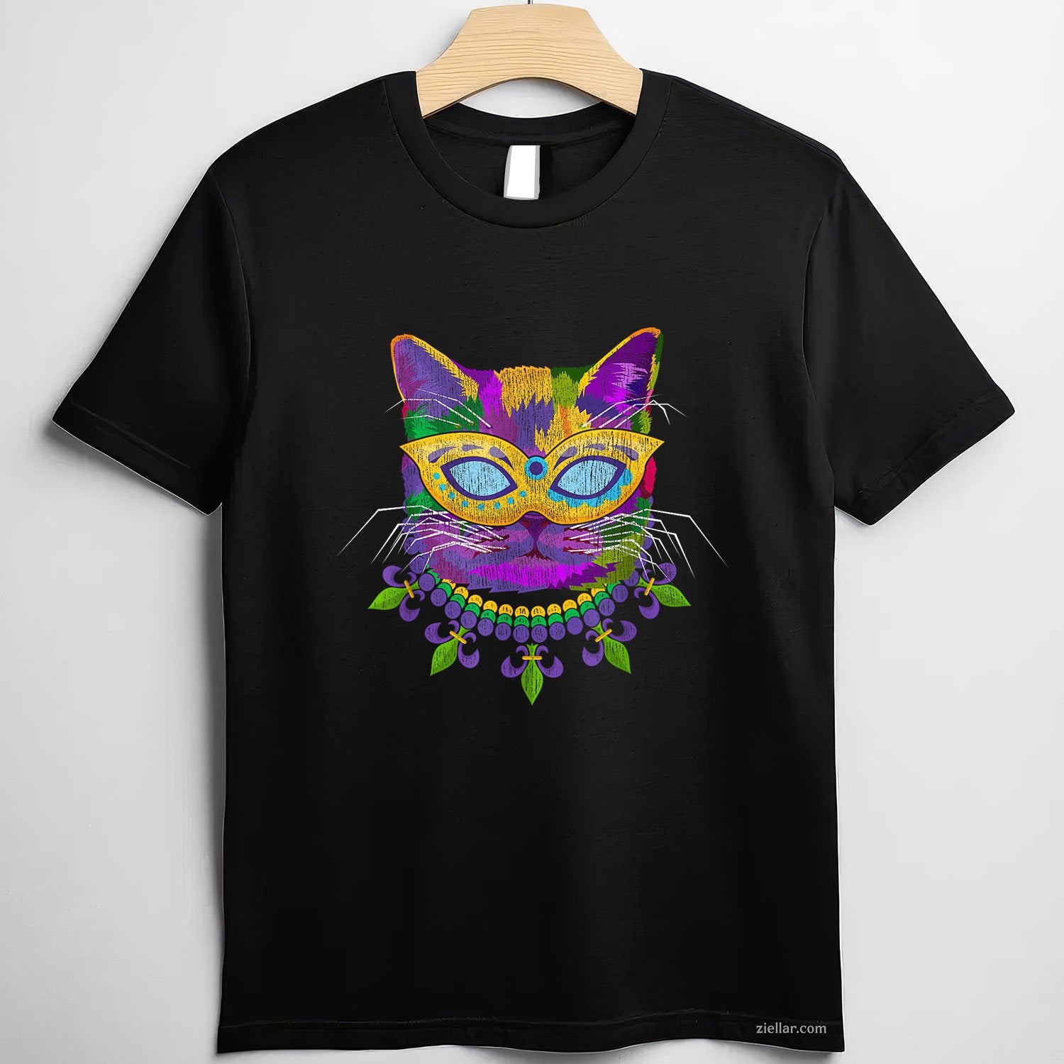 Cat in Mardi Gras Costume Tee and T-Shirt, Funny Feline Carnival T-Shirt Gift for Adults