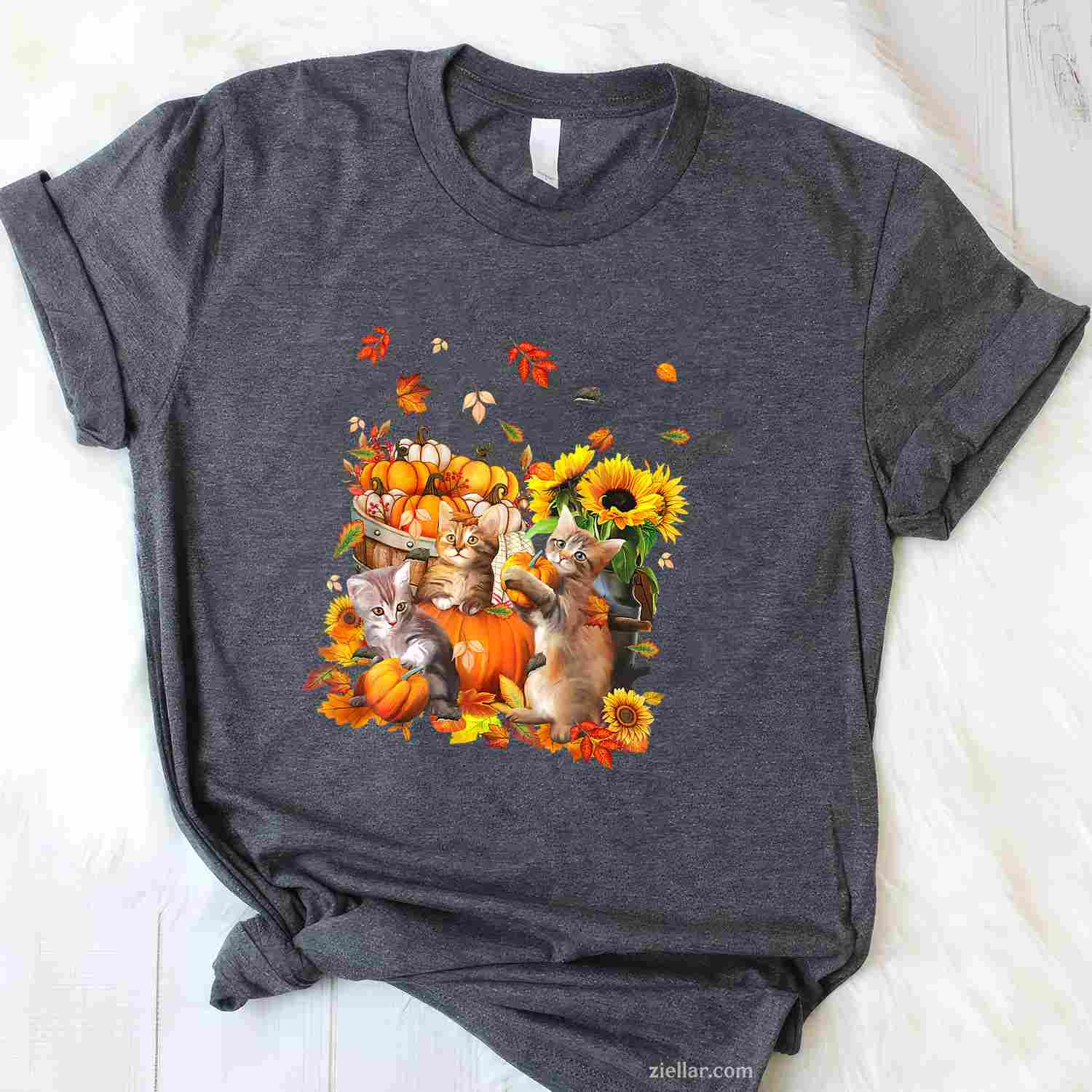 Cats Fall Autumn Pumpkins Thanksgiving Matching Sunflower T-Shirt and Tee for Adults Men Women Unisex