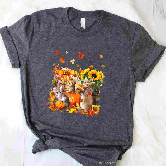 Cats Fall Autumn Pumpkins Thanksgiving Matching Sunflower T-Shirt and Tee for Adults Men Women Unisex