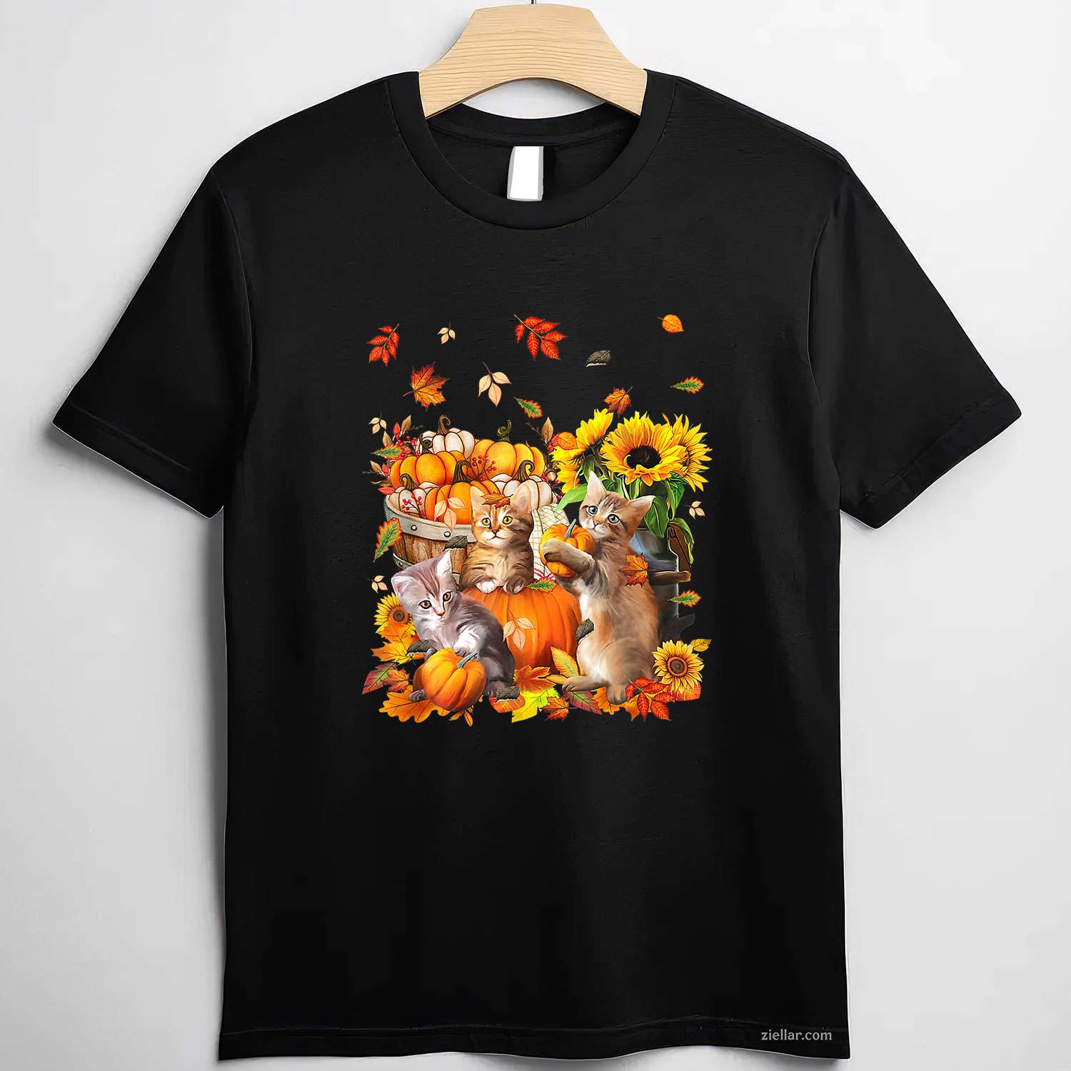 Cats Fall Autumn Pumpkins Thanksgiving Matching Sunflower T-Shirt and Tee for Adults Men Women Unisex