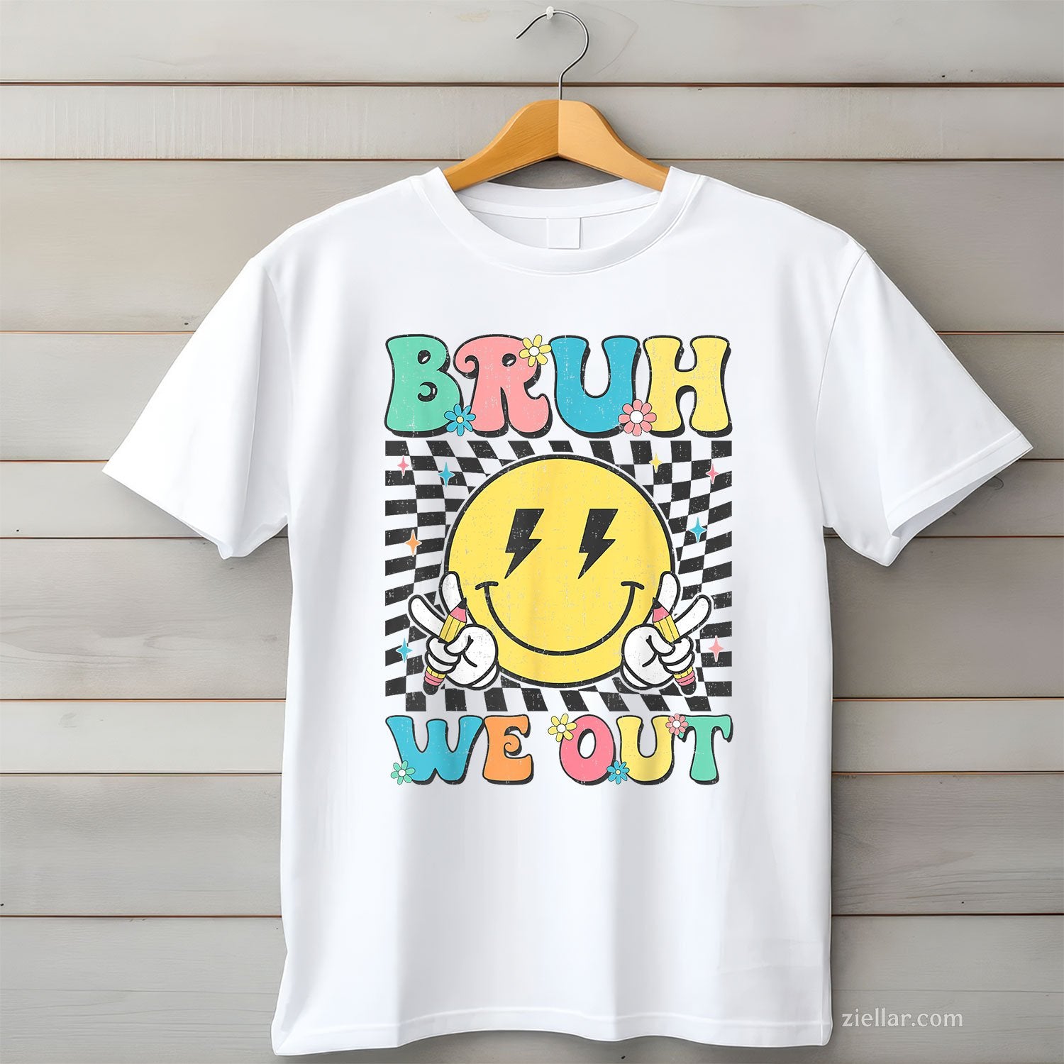 Checkered “Bruh We Out” Tee and T-Shirt, Teacher Summer Break T-Shirt Gift for Adults