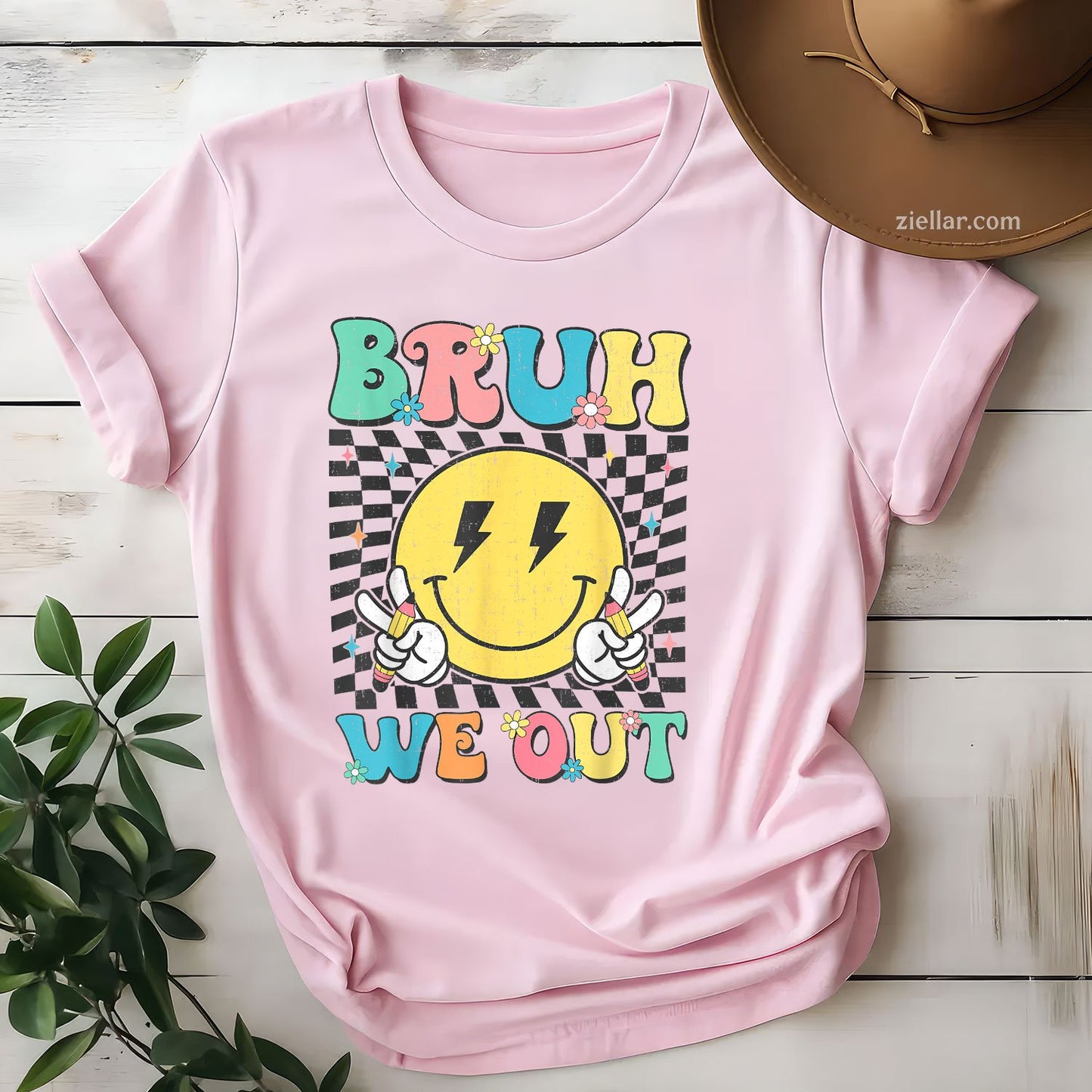 Checkered “Bruh We Out” Tee and T-Shirt, Teacher Summer Break T-Shirt Gift for Adults