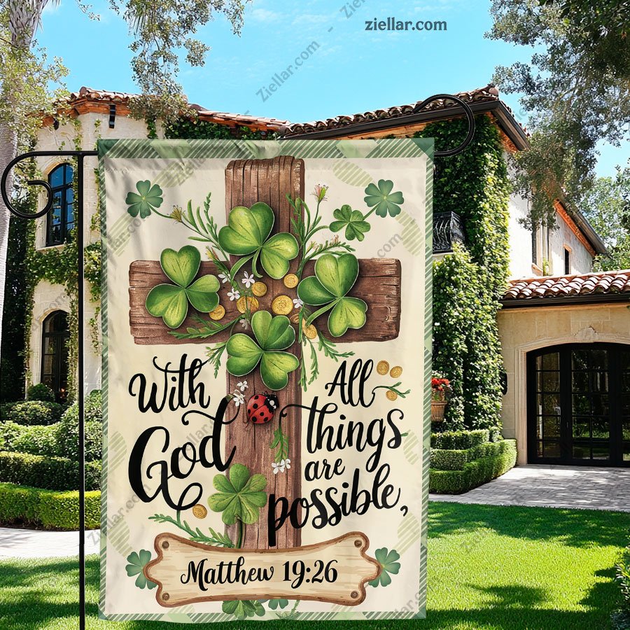 Christian Garden Flag God All Things Possible Cross Shamrock for Outdoor Decor