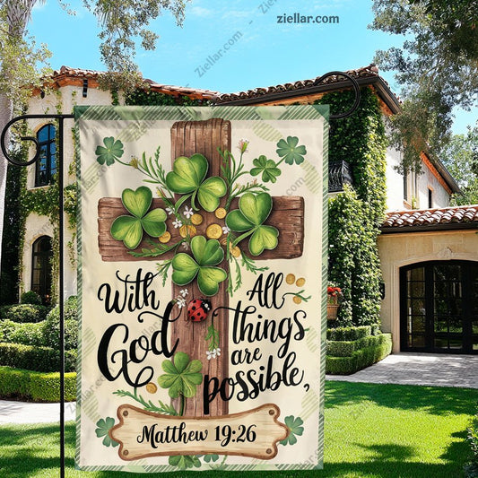Christian Garden Flag God All Things Possible Cross Shamrock for Outdoor Decor