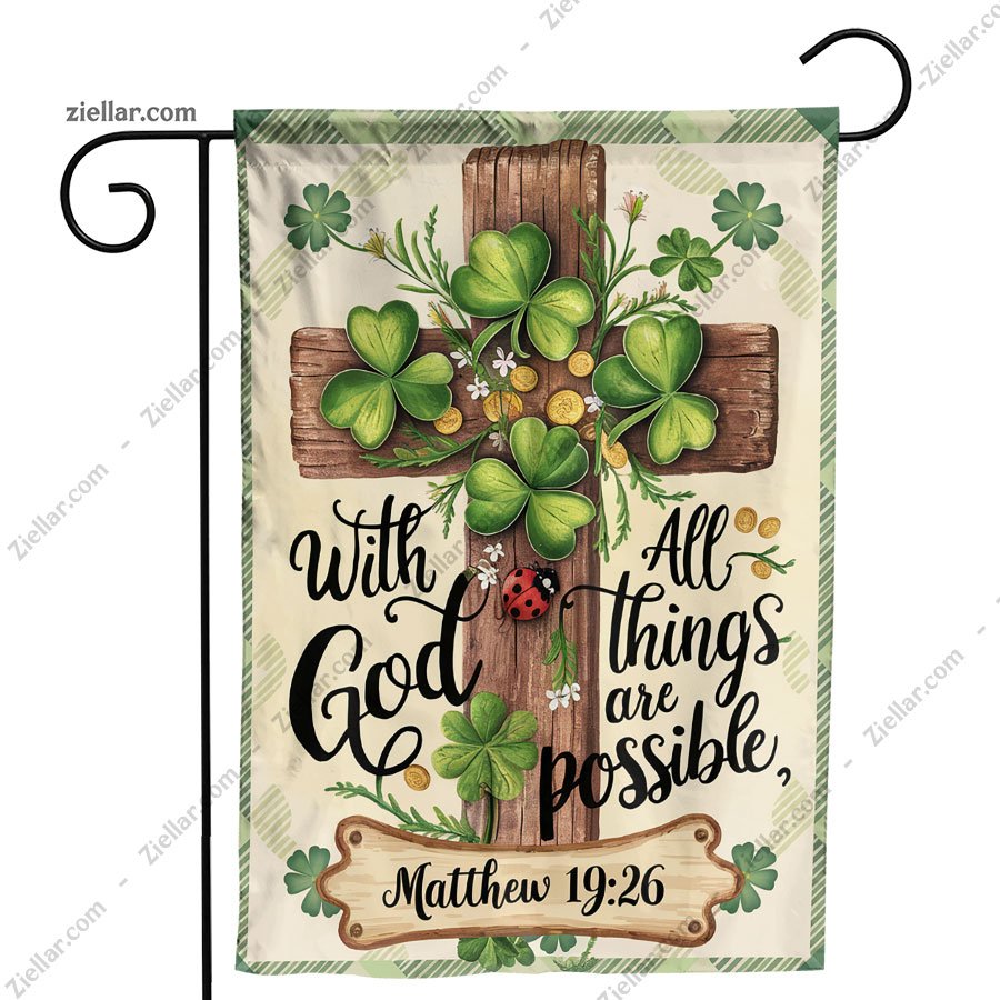 Christian Garden Flag God All Things Possible Cross Shamrock for Outdoor Decor