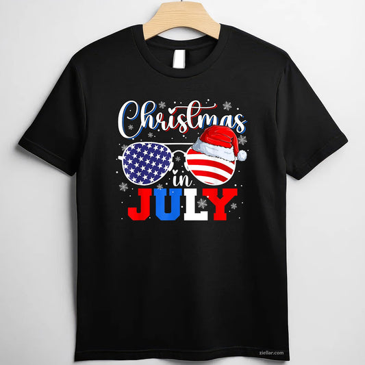 Christmas In July Santa Hat Sunglasses USA Flag 4th of