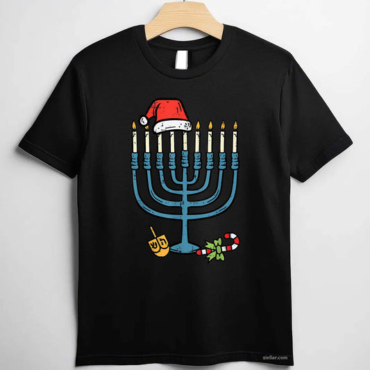 Christmas Hat Menorah Jew Hanukkah Chanukah Men Women T-Shirt_ Funny Holiday Season Tee For All