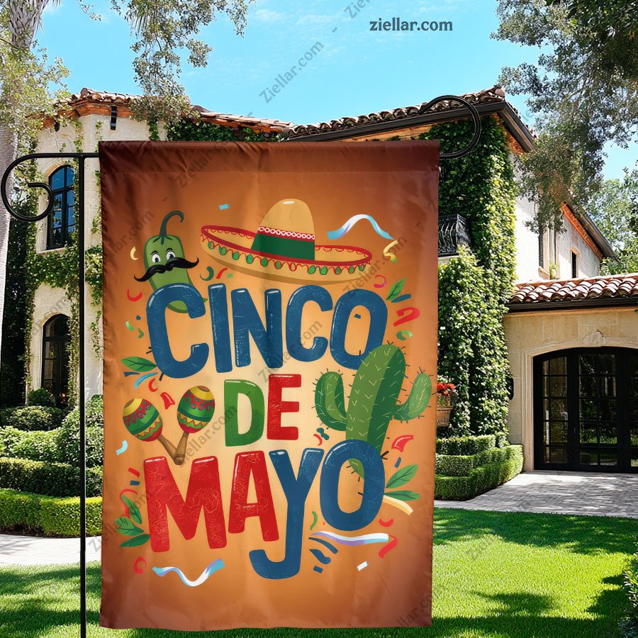 Cinco de Mayo Outdoor Banner Festive Cartoon Sombrero and Maracas Yard Flag