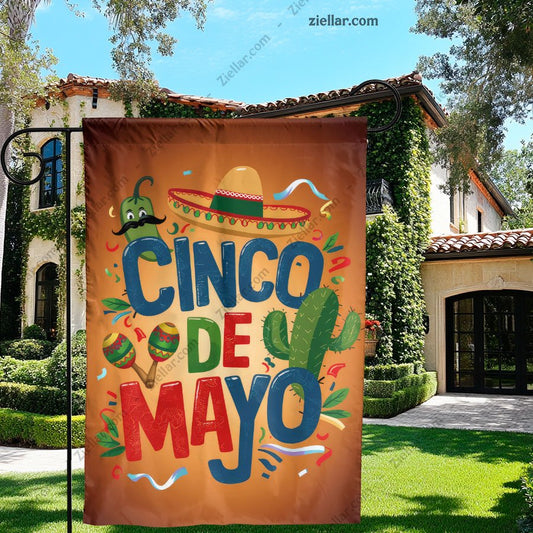 Cinco de Mayo Outdoor Banner Festive Cartoon Sombrero and Maracas Yard Flag
