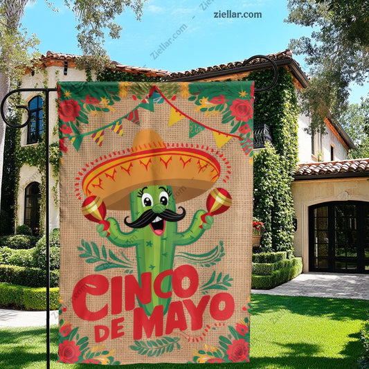 Cinco de Mayo Garden Flag Outdoor Fiesta Decor with Cactus Pinata Sombrero
