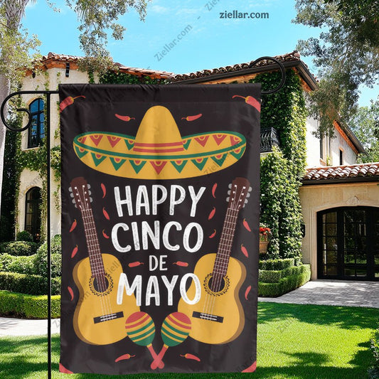 Cinco de Mayo Sombrero with Guitars and Maracas Yard Flag 12x18 Party Decor