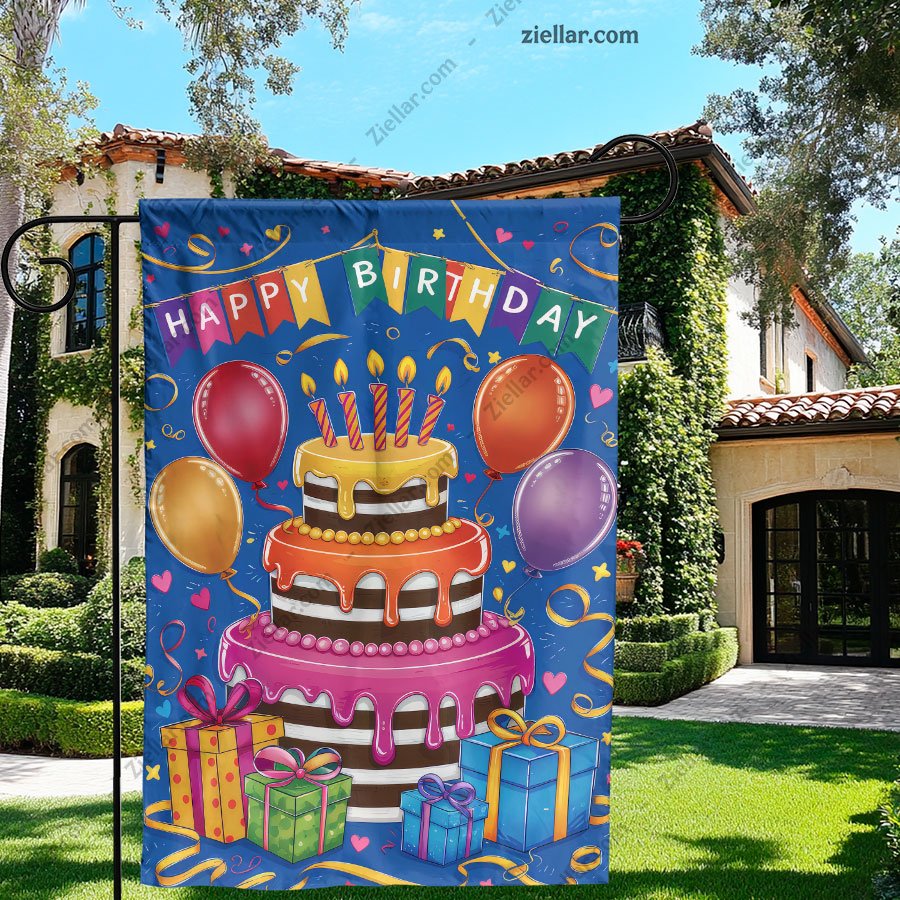 Colorful Birthday Garden Flag with Cake Balloons and Gifts _ Party Yard Decor