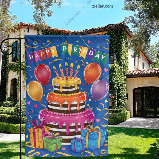 Colorful Birthday Garden Flag with Cake Balloons and Gifts _ Party Yard Decor