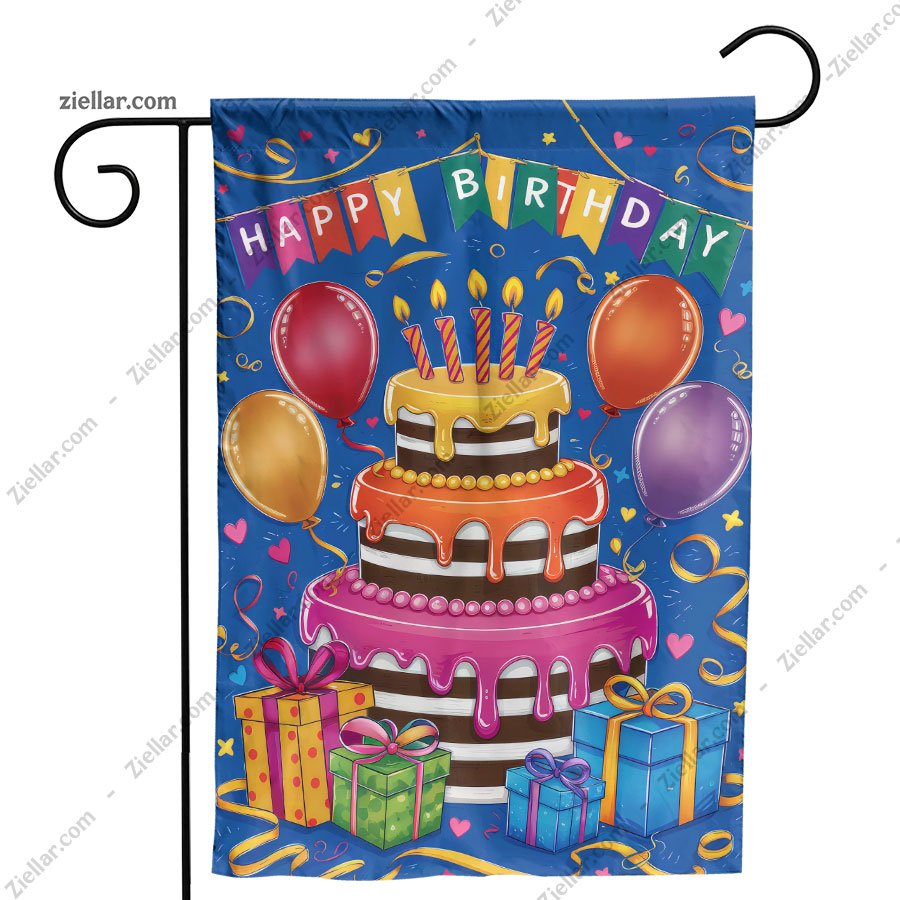 Colorful Birthday Garden Flag with Cake Balloons and Gifts _ Party Yard Decor