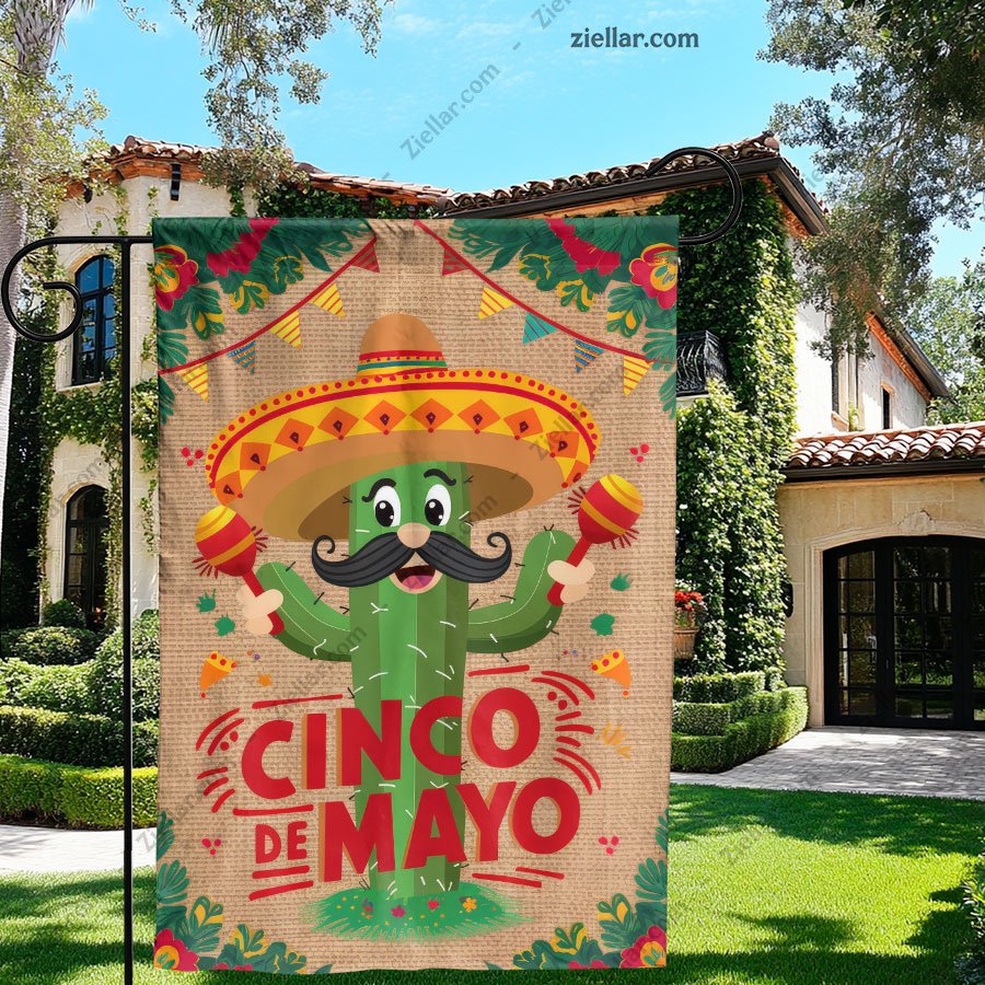 Colorful Cinco de Mayo Yard Flag Summer Fiesta Cactus Pinata Sombrero House