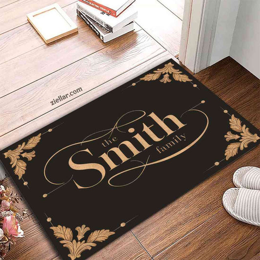 Custom Doormat with Gold Floral Accents, Elegant Family Name Entry Decor