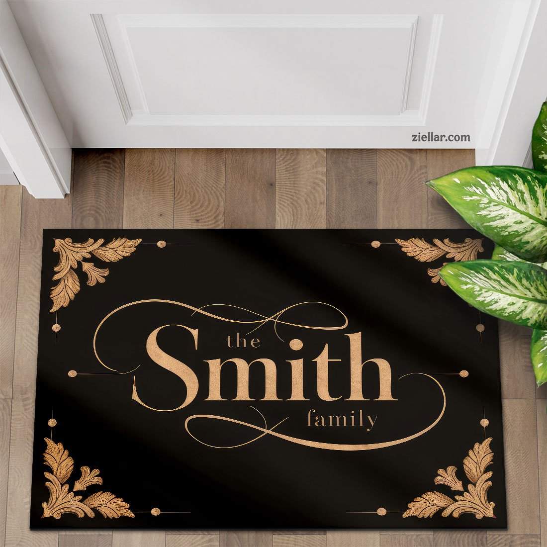 Custom Doormat with Gold Floral Accents, Elegant Family Name Entry Decor