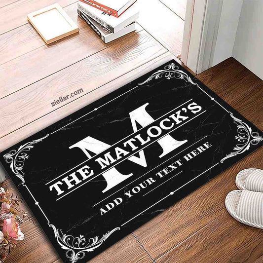 Custom Text_Photo Black Doormat, Elegant Family Name and Greeting Design