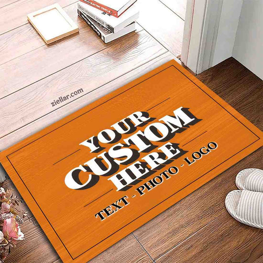 Custom Text_Photo Doormat, Bold White Font with Orange Design for Entryway
