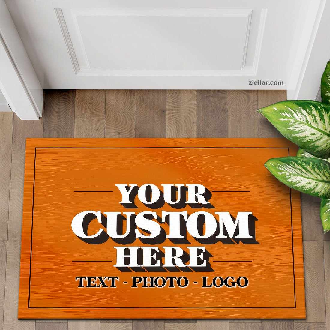 Custom Text_Photo Doormat, Bold White Font with Orange Design for Entryway