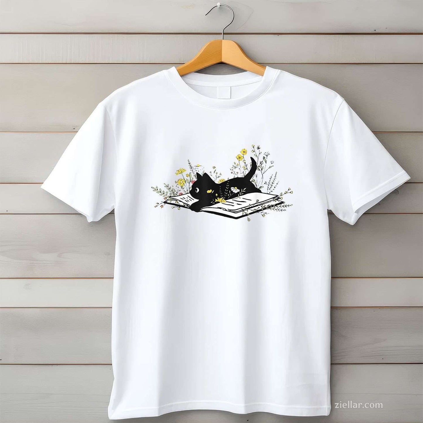 Cute Book Black Cat Book Lover T-Shirt, Floral Teacher Life Vintage Graphic Tee For Women Adults