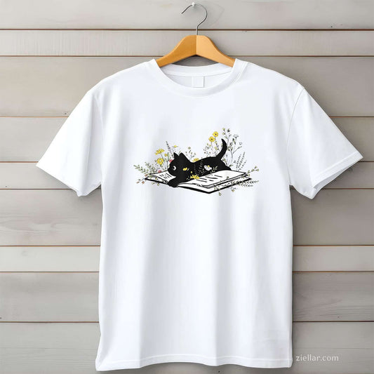 Cute Book Black Cat Book Lover T-Shirt, Floral Teacher Life Vintage Graphic Tee For Women Adults