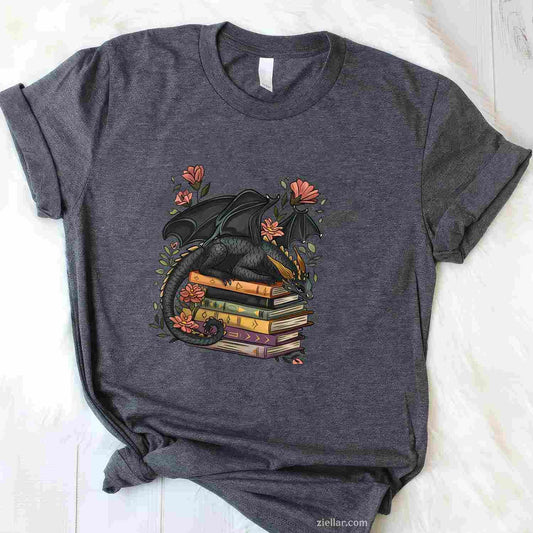 Cute Dragon Books Cottagecore Flower Bookworm T-Shirt, Vintage Graphic Long Sleeve Tee For Book Lovers