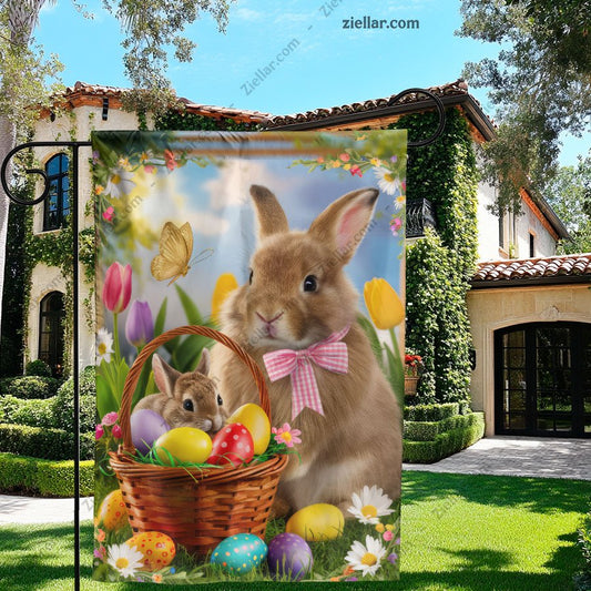 Cute Easter Bunny Holding Basket of Eggs with Flowers Spring Decoration