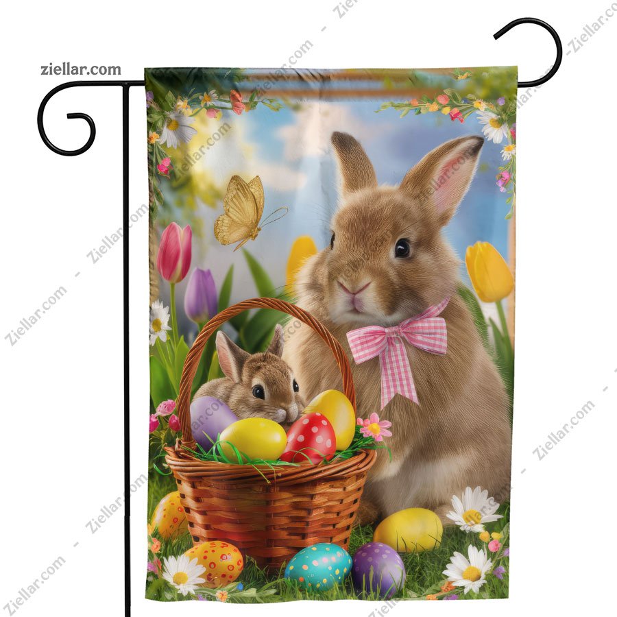 Cute Easter Bunny Holding Basket of Eggs with Flowers Spring Decoration