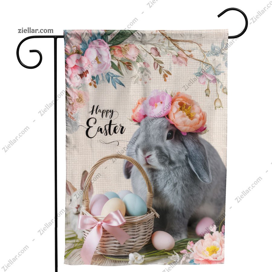 Cute Easter Bunny with Colorful Flowers and Basket Holiday Home Decoration