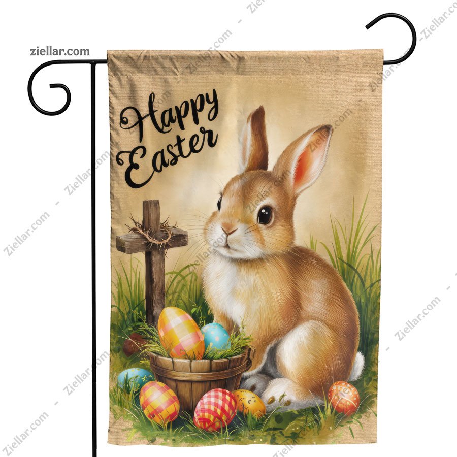 Cute Easter Bunny with Cross and Festive Eggs Christian Spring Holiday Display