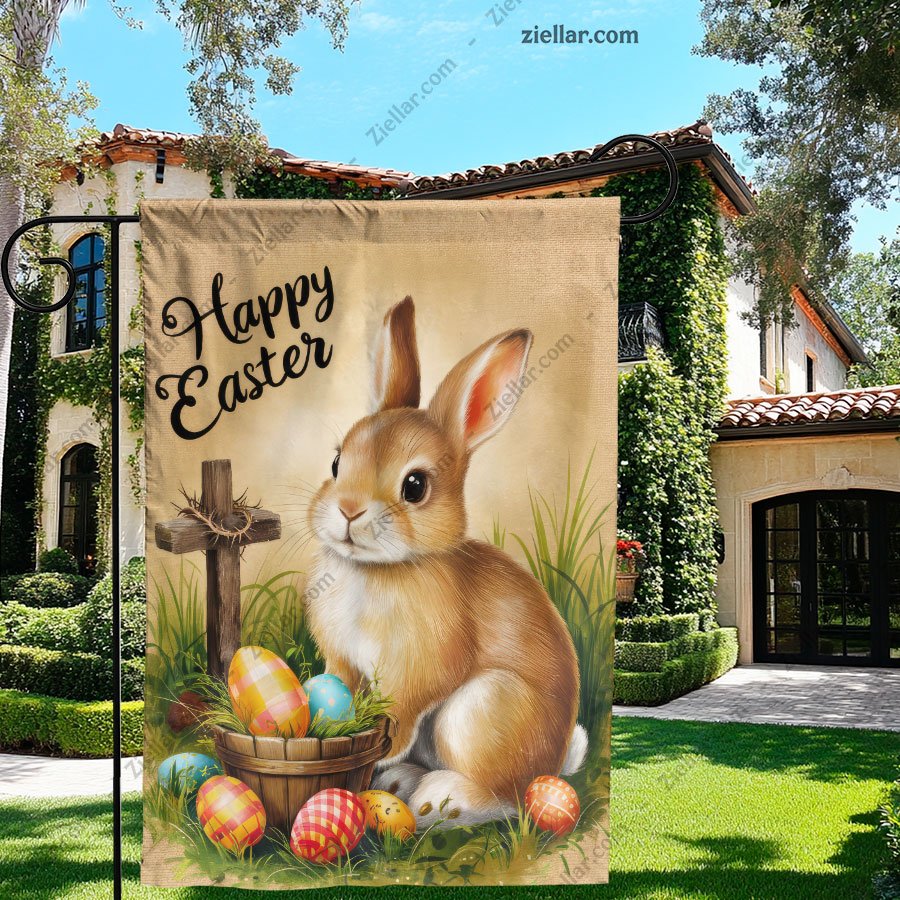 Cute Easter Bunny with Cross and Festive Eggs Christian Spring Holiday Display