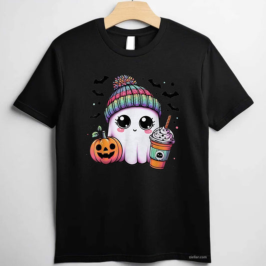Cute Ghost Drinking Coffee Halloween Ghost Ice Coffee Women Tee, Halloween T-Shirt for Men Women Adults Unisex, Vintage Retro Graphic, Funny Novelty Gift