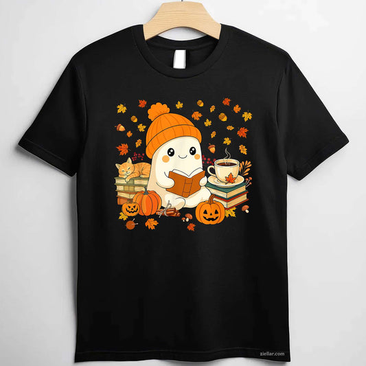 Cute Ghost Reading Book Lovers Autumn Fall Halloween Ghost T-Shirt and Tee for Adults Men Women Unisex