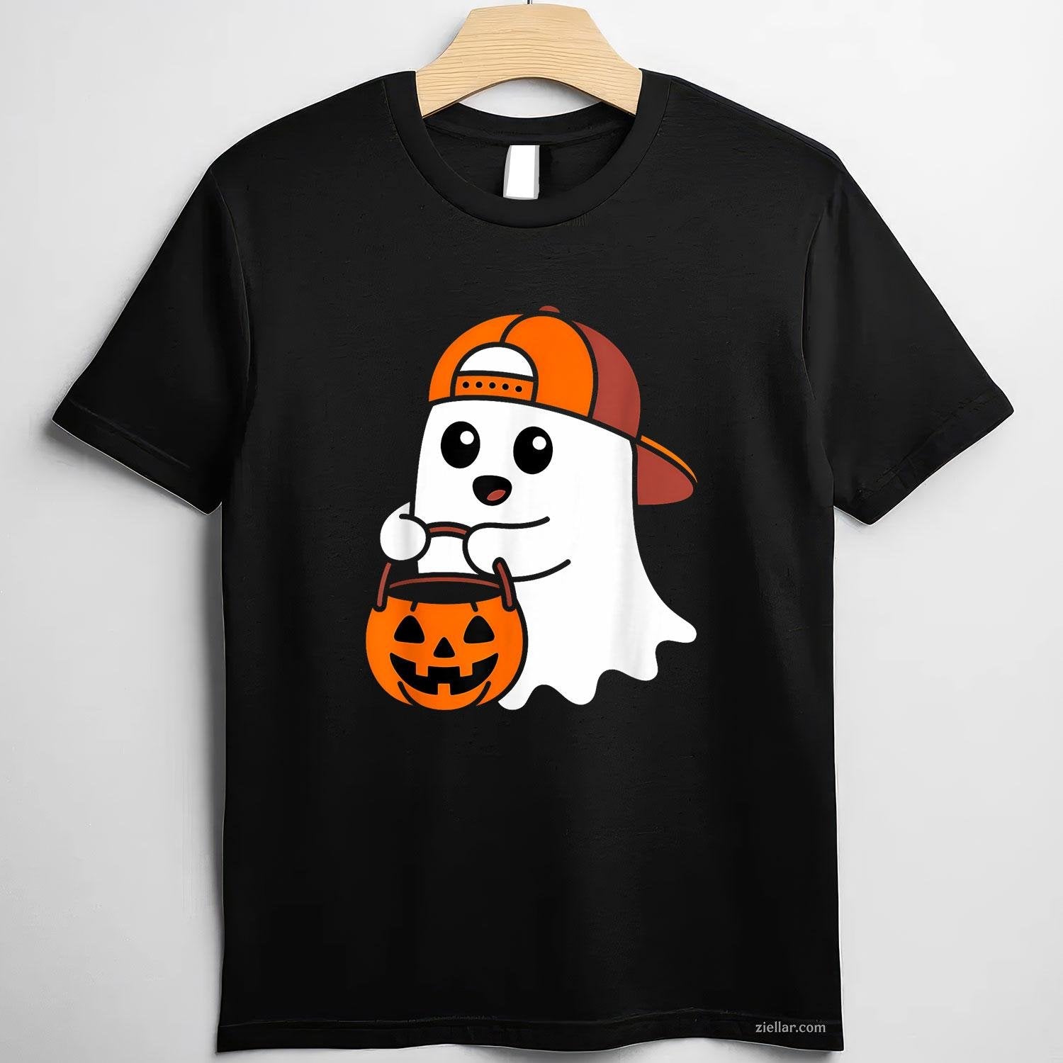 Cute Ghost Pumpkin Wear Hat Saying Boo Spooky Halloween Tee, Halloween T-Shirt for Men Women Adults Unisex, Trendy Graphic Apparel, Unique Gift Idea