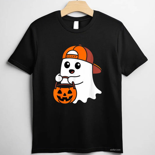 Cute Ghost Pumpkin Wear Hat Saying Boo Spooky Halloween Tee, Halloween T-Shirt for Men Women Adults Unisex, Trendy Graphic Apparel, Unique Gift Idea