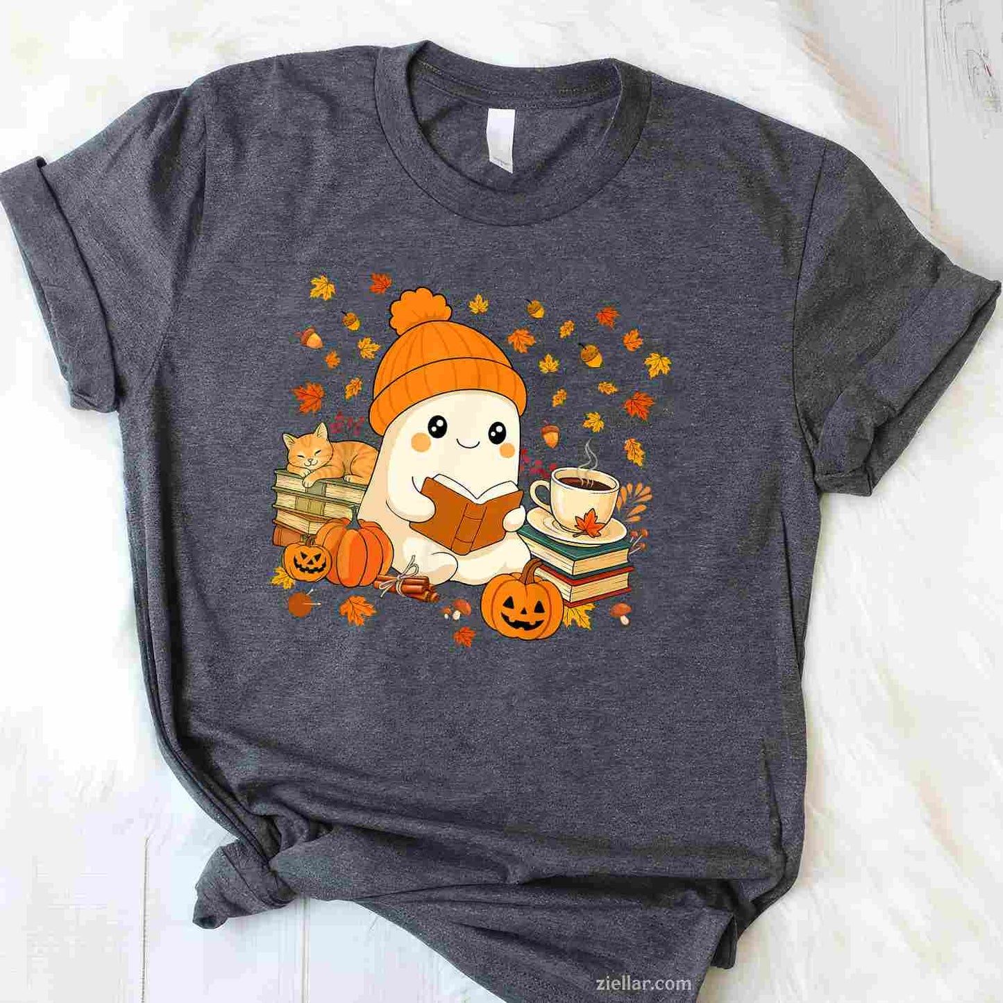 Cute Ghost Reading Book Lovers Autumn Fall Halloween Ghost T-Shirt and Tee for Adults Men Women Unisex
