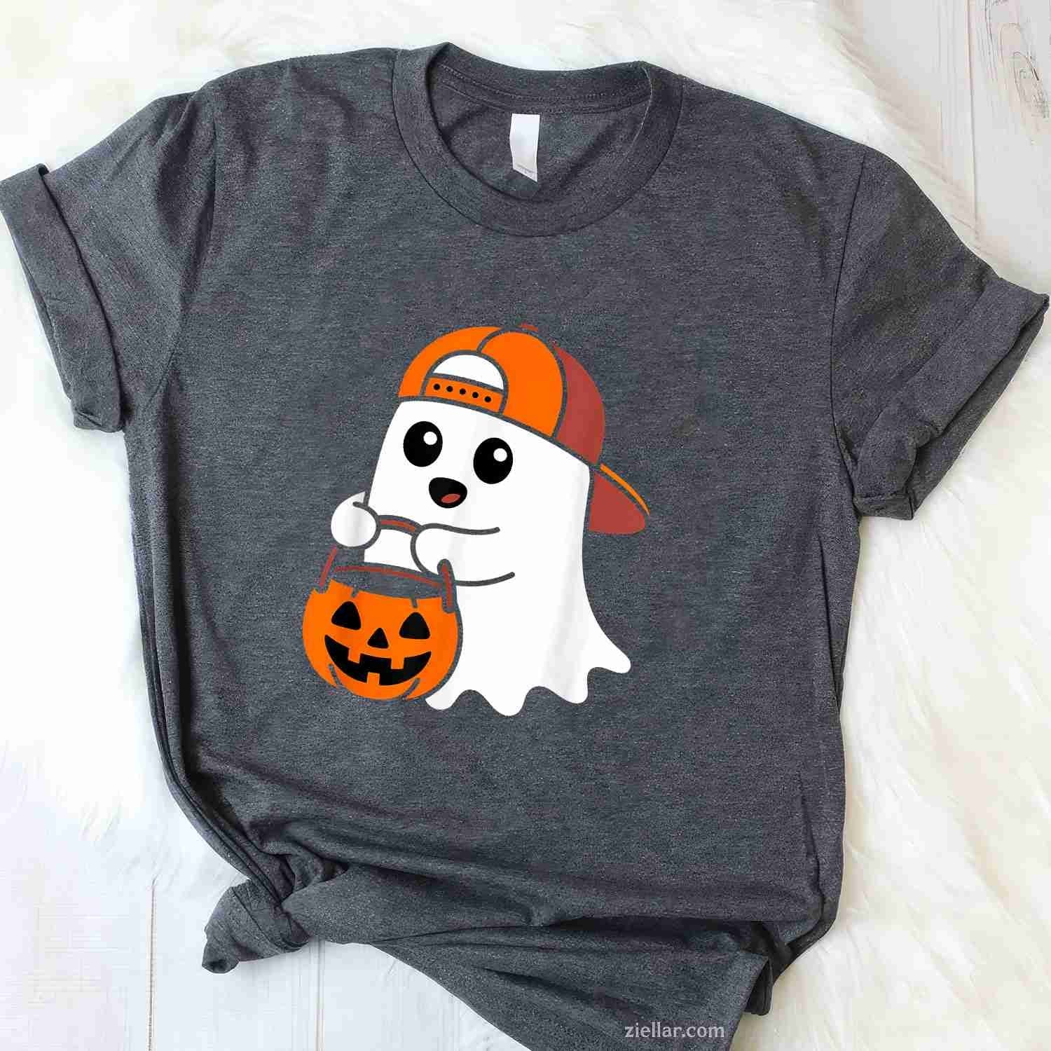 Cute Ghost Pumpkin Wear Hat Saying Boo Spooky Halloween Tee, Halloween T-Shirt for Men Women Adults Unisex, Trendy Graphic Apparel, Unique Gift Idea