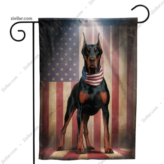 Doberman Garden Flag with American Flag Background Patriotic Outdoor Yard Decor