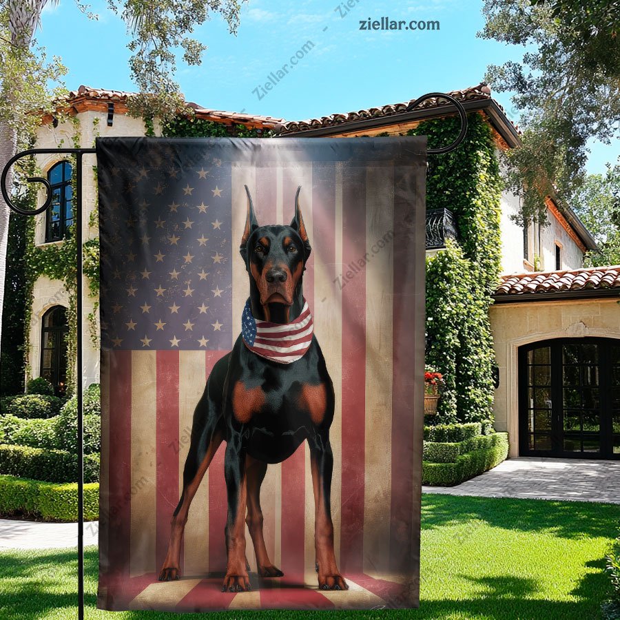 Doberman Garden Flag with American Flag Background Patriotic Outdoor Yard Decor