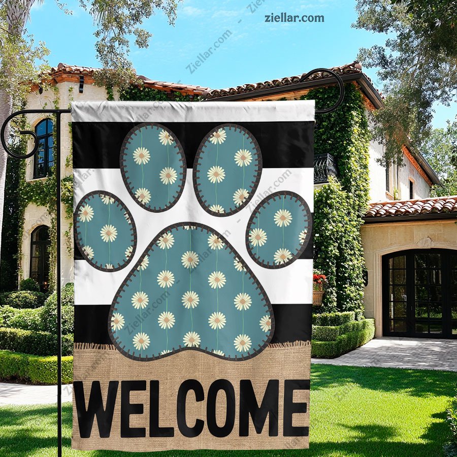 Dog Paw Print Welcome Garden Flag 12x18 Inch Double Sided, Floral Yard Sign