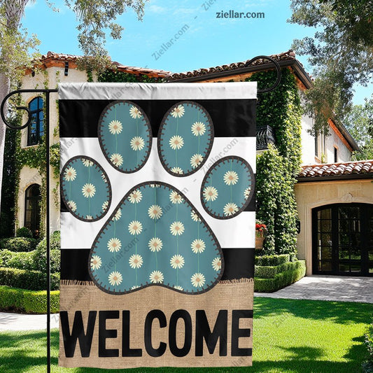 Dog Paw Print Welcome Garden Flag 12x18 Inch Double Sided, Floral Yard Sign