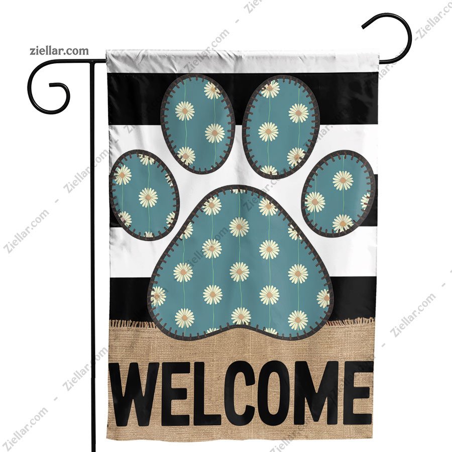 Dog Paw Print Welcome Garden Flag 12x18 Inch Double Sided, Floral Yard Sign