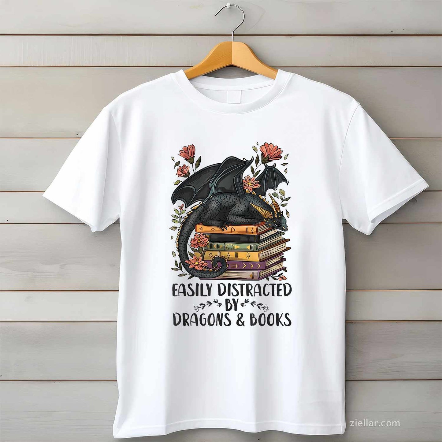 Easily Distracted By Dragons & Books T-Shirt, Romantasy Book Lover Vintage Graphic Tee For Adults