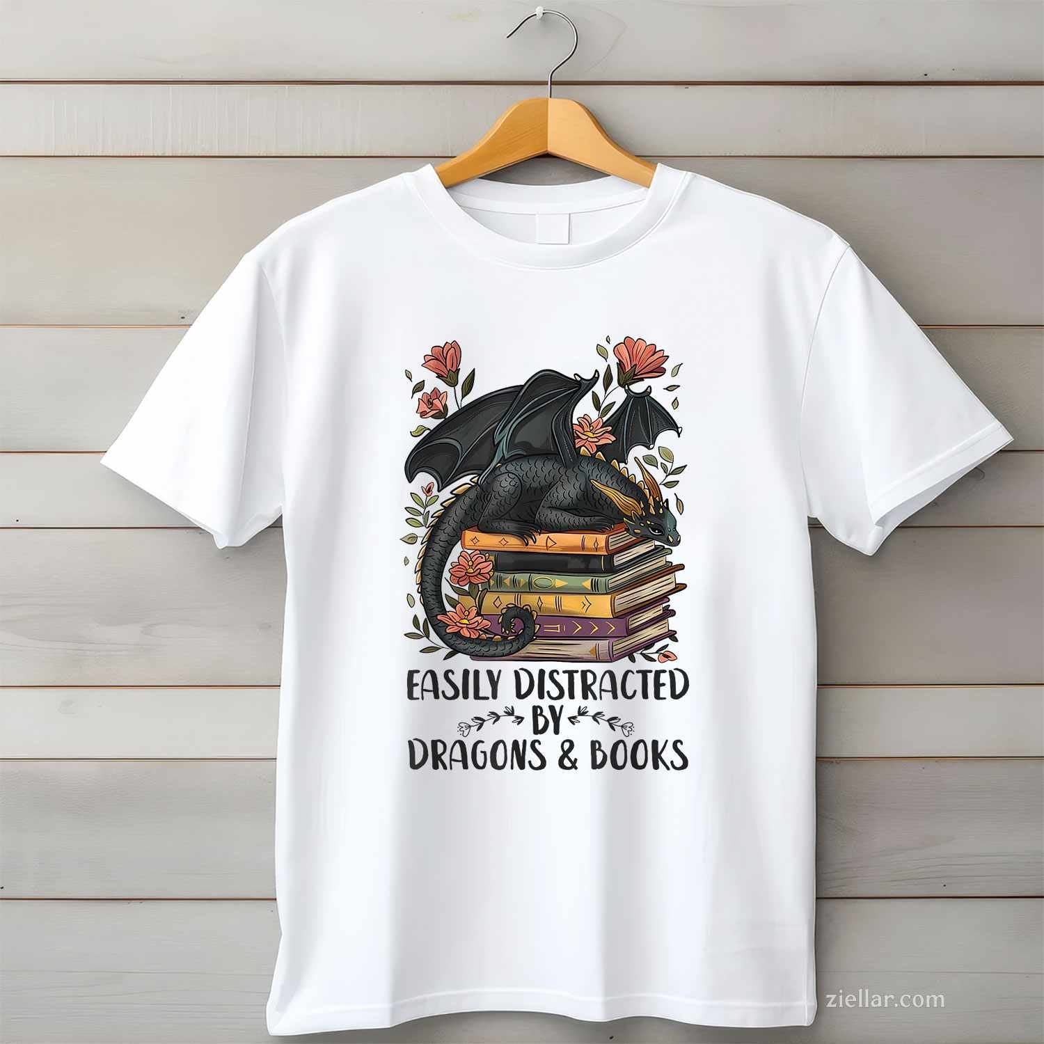 Easily Distracted By Dragons & Books T-Shirt, Romantasy Book Lover Vintage Graphic Tee For Adults