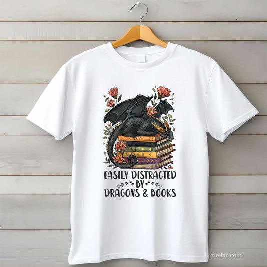 Easily Distracted By Dragons & Books T-Shirt, Romantasy Book Lover Vintage Graphic Tee For Adults