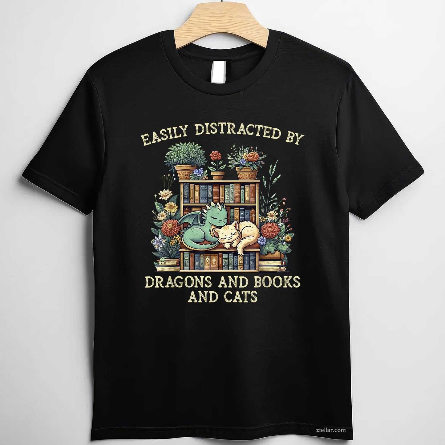 Easily Distracted By Dragons Books Cats T-Shirt, Fantasy Book Lover Vintage Graphic Tee For Adults Unisex