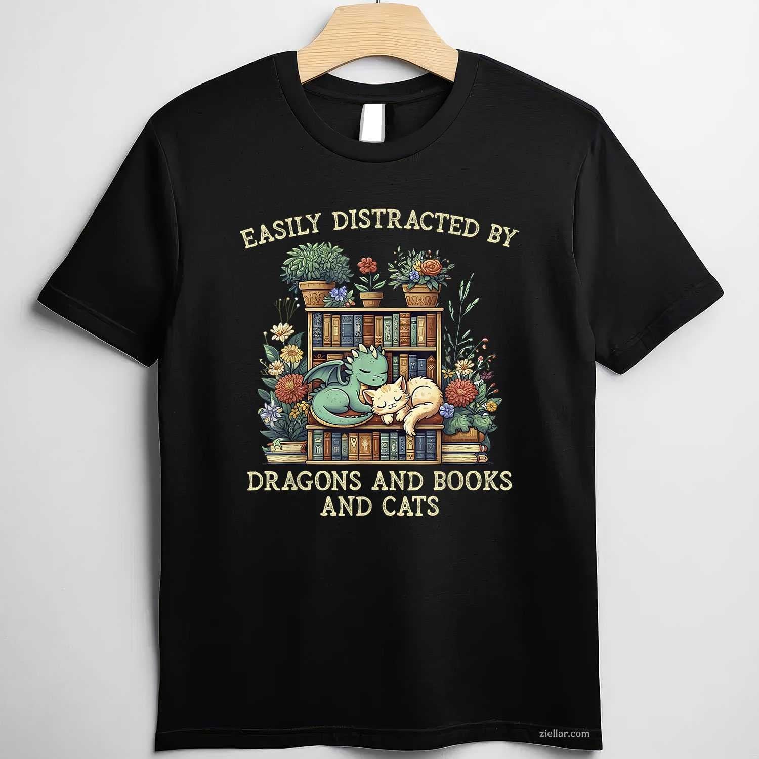 Easily Distracted By Dragons Books Cats T-Shirt, Fantasy Book Lover Vintage Graphic Tee For Adults Unisex