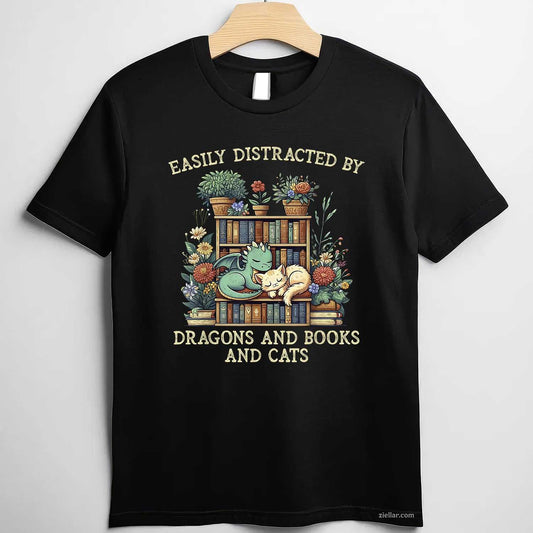 Easily Distracted By Dragons Books Cats T-Shirt, Fantasy Book Lover Vintage Graphic Tee For Adults Unisex